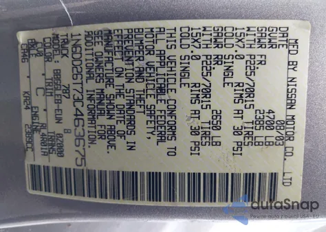 2003 Nissan Frontier Xe z USA, uszkodzony, nr VIN 1N6DD26T73C463675